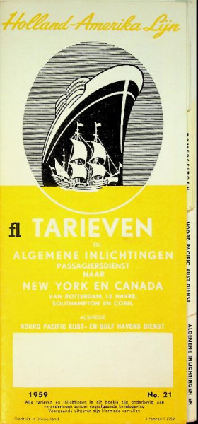 Brochure HAL Tarieven Canada en New York 1959