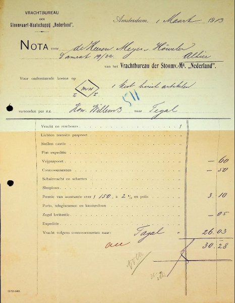 Nota SMN vracht naar Tegal Indonesie met de Koning Willem 3 in 1913