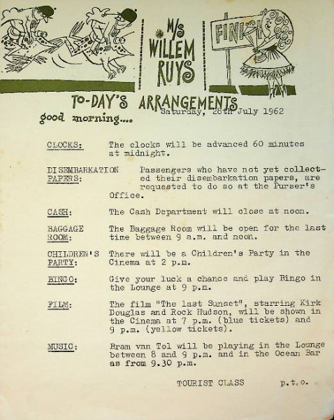 Dagprogramma Willem Ruys 28 Juli 1962
