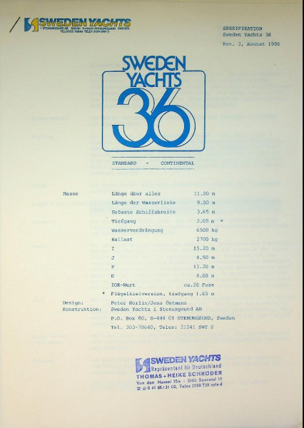 Original Specifications Sweden Yachts 36 Sailing Yacht