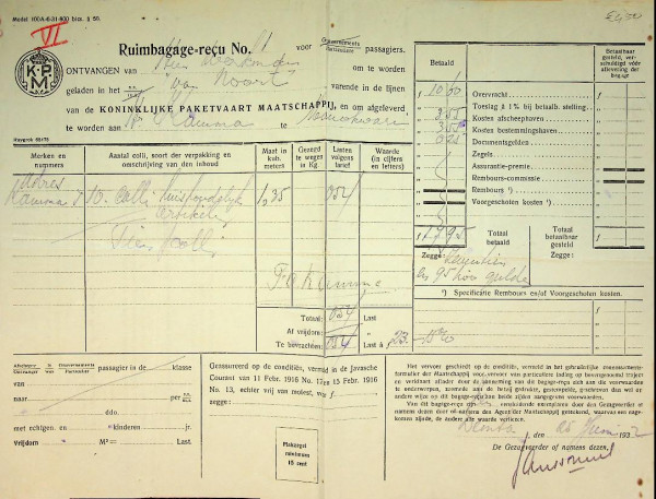 KPM Ruimbagage recu s.s. van Noort 1932