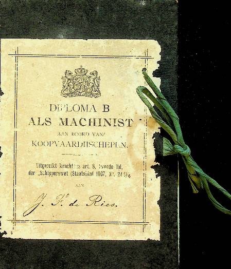 Diploma Machinist B, 1915 | Webshop Nautiek.nl