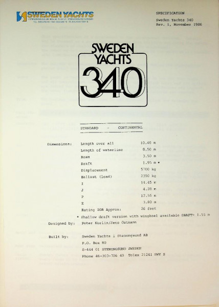 Original Specifications Sweden Yachts 340 Sailing Yacht