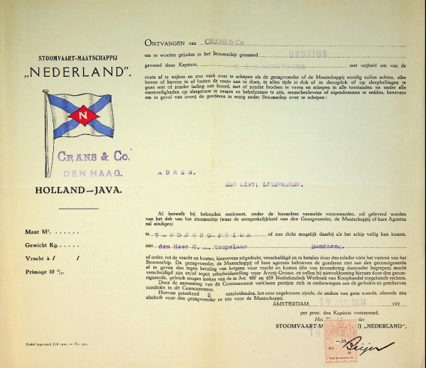 Vrachtbrief SMN ss Grotius 1924