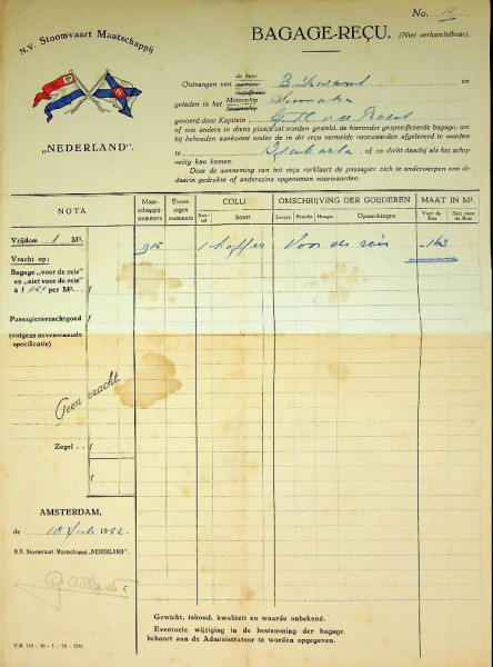 Bagage-Recu SMN 1952 ms Sumatra naar Djakarta