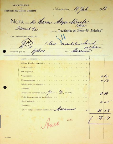 Nota SMN vracht naar Macassar Indonesie met de ss Djebres van de Rotterdamsche Lloyd in 1913