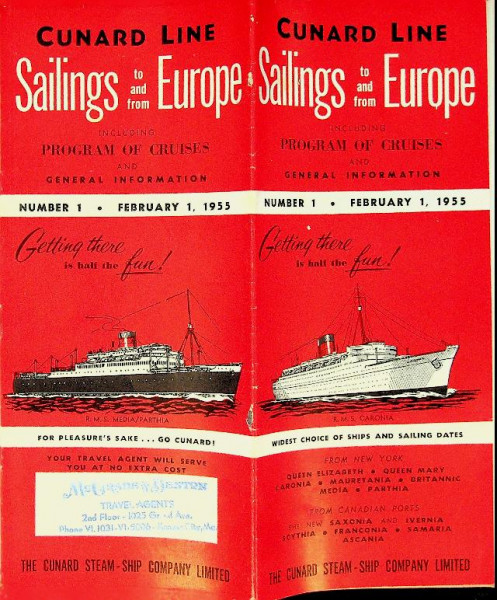 Brochure Cunard, Sailings Europe 1955