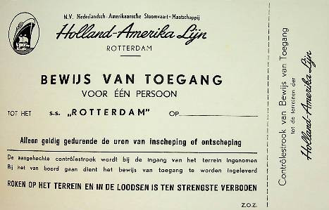 Bewijs van toegang Holland-Amerika Lijn ss Rotterdam