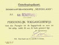 SMN - Ontschepingskaart SMN ss Rembrandt. Persoonlijk Toegangsbewijs