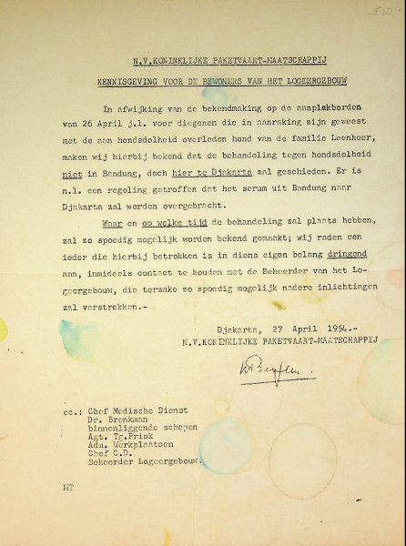 Brief KPM betreffende hondsdolheid Logeergebouw