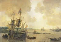 Kattenburg, R - De Walvisvaarder Prins Willem op de Nieuwe Maas bij Rotterdam. Een schilderij door Lieve Pietersz. Verschuier
