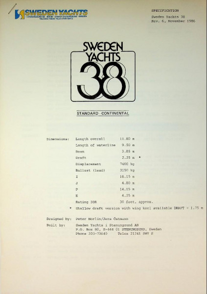 Original Specifications Sweden Yachts 38 Sailing Yacht