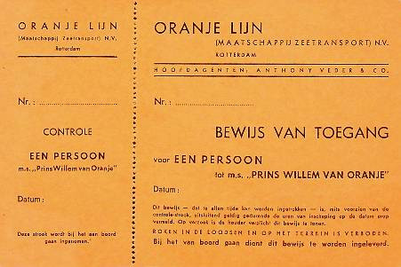 Bewijs van toegang Oranje Lijn Prins Willem van Oranje