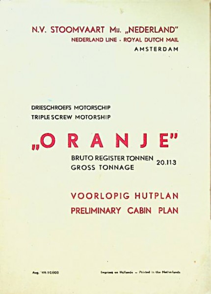 Voorlopig Hutplan/Prelliminary Cabin Plan Triple Screw Motorship Oranje SMN 1949