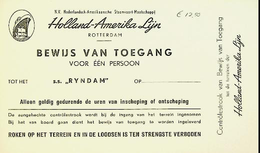 Bewijs van toegang s.s. Ryndam