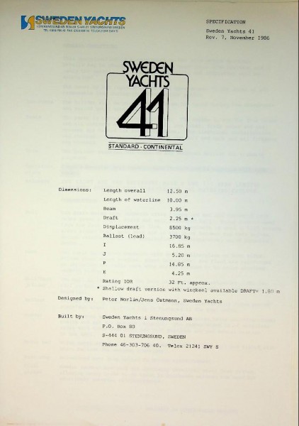 Original Specifications Sweden Yachts 41 Sailing Yacht