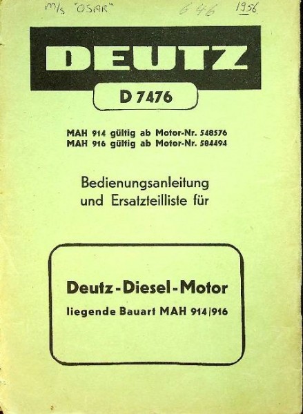 Bedienungsanleitung Deutz Diesel Motor Liegende Bauart MAH 914/916