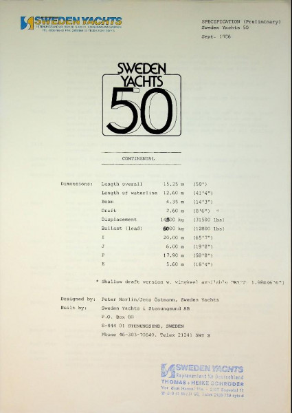 Original Specifications Sweden Yachts 50 Sailing Yacht