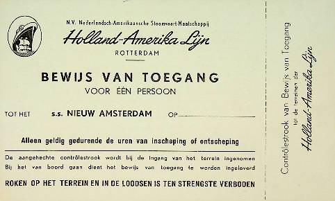 Bewijs van toegang Holland-Amerika Lijn ss Nieuw Amsterdam