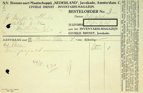 Bestelorder van de SMN 1931 ss Poelau Tello