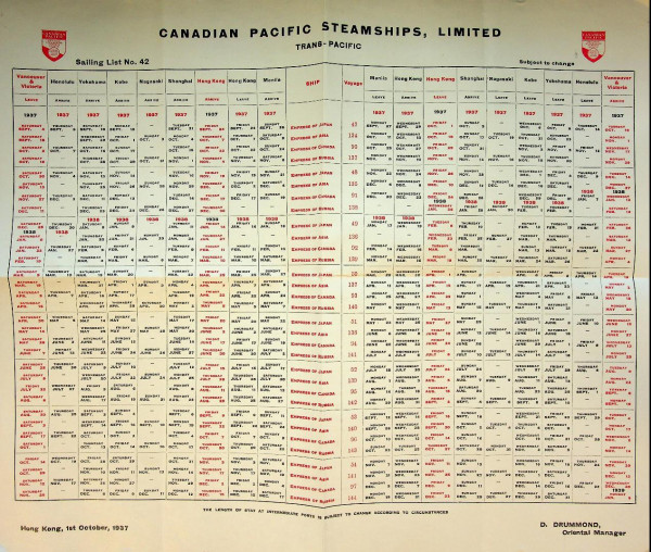 Sailing List No.42 Canadian Pacific Steamships Oktober 1937