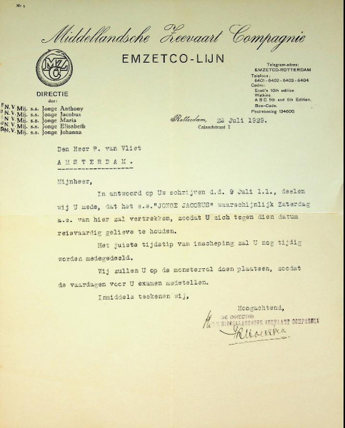 Brief Middellansche Zeevaart Compagnie, EMZETCO-LIJN 1929