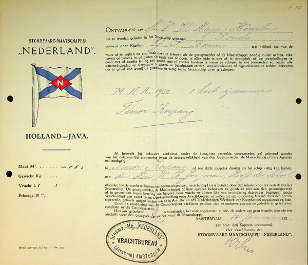 Vrachtbrief SMN ss Rondo 1922