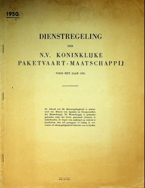 Dienstregeling der N.V. Koninklijke Paketvaart-Maatschappij voor het jaar 1950