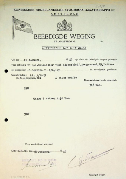 Weegbrief KNSM 1948 ss Cottica