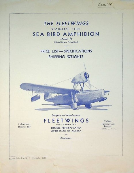 Brochure The Fleetwings Sea Bird Amphibion model F5