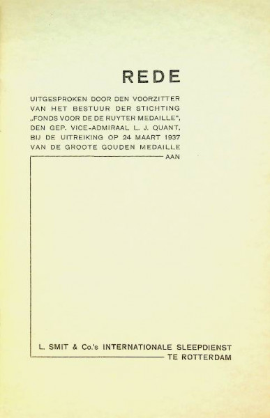 Rede Ruyter Medaille voor L. Smit & Co's internationale Sleepdienst 1937