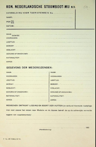 Aanmeldformulier KNSM toeristenreis 1935