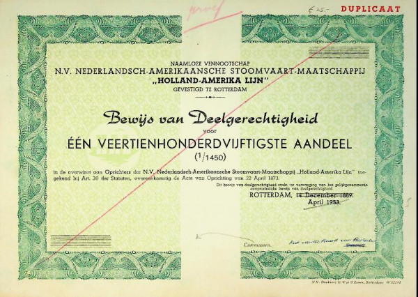 Bewijs van deelgerechtigheid 1/1450 aandeel Holland Amerika Lijn