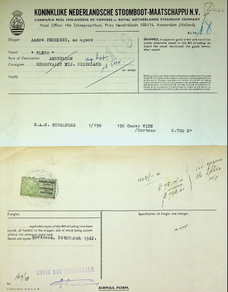 Vrachtbrief van de KNSM voor de ms Flevo