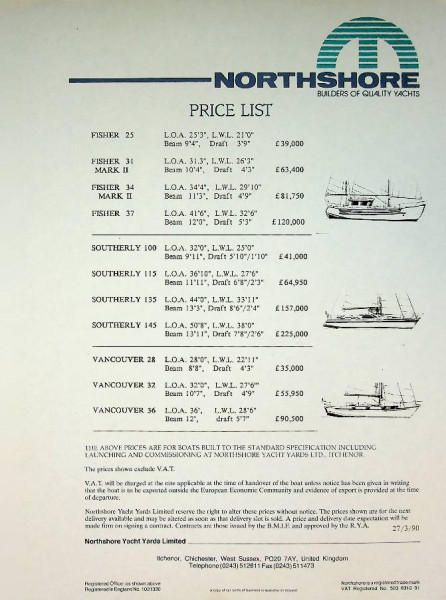 Price List Northshore Yachts 1990