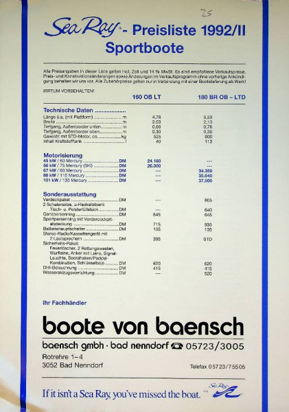 Original price list Sea Ray Sportboote 1992