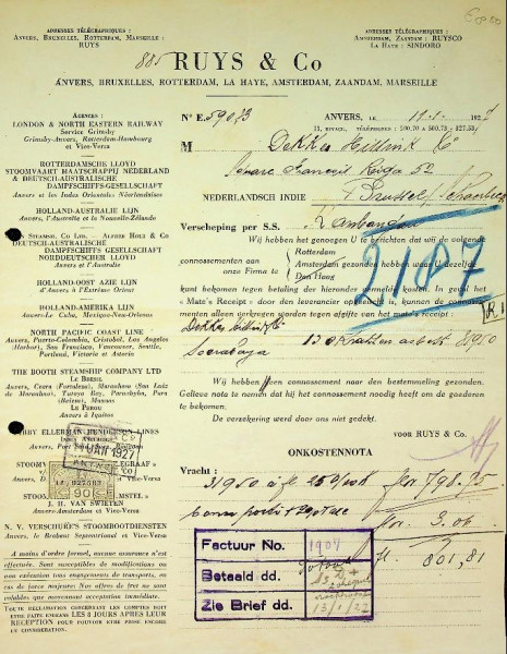 Connessement Ruys en co met lading voor de ss Kambangan van de SMN 1927